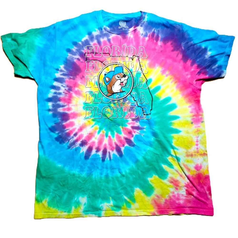 Buc-ee’s Florida Tie Dye T-Shirt XL Extra Large Beaver Logo Spiral Colorful Tee